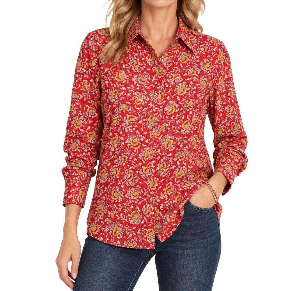 Chaps Ralph Lauren Womens Shirt M Red Yellow Floral Cotton Non Iron Button Up